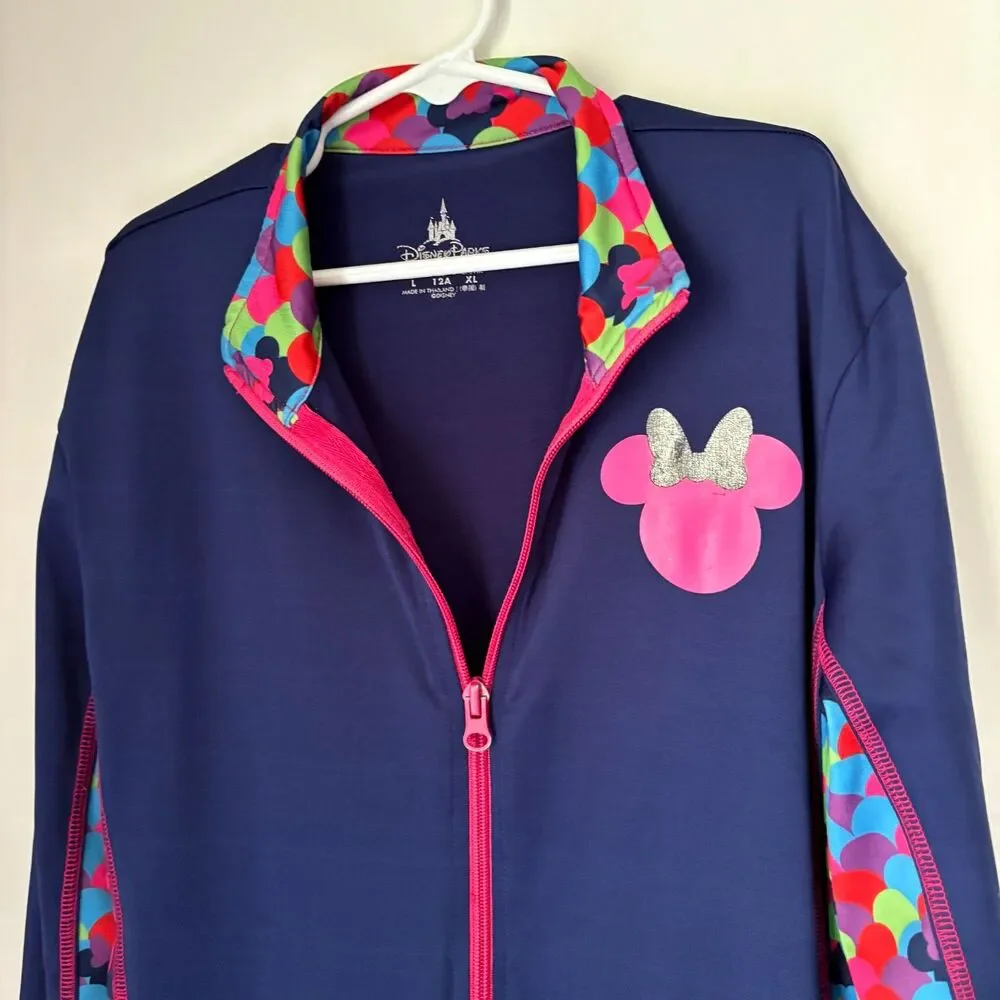Disney Parks Youth L Minnie Mouse Zip Up Active Jacket Navy Pink Thumb Holes #14